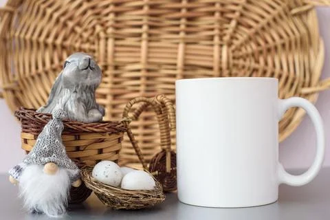 White coffee mug easter mockup with bunny Stock Photos