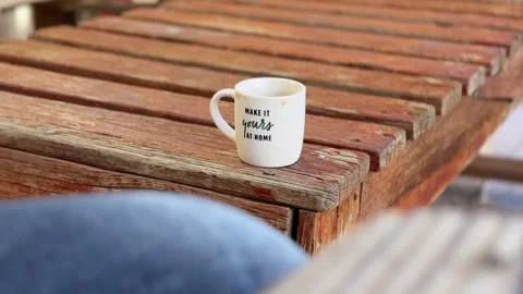 White Coffee Mug on Rustic Wooden Bench Video stock 335198687