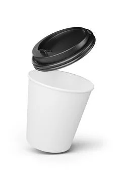 White coffee paper cup with black lid isolated on white. 3d rendering mock up Stock Illustration