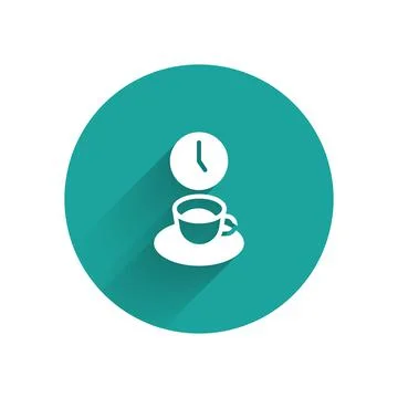 White Coffee time icon isolated with long shadow. Green circle button. Vector Stock Illustration