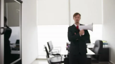 White Collar Office Worker Talking With Megaphone At Camera Stock Footage 57539454