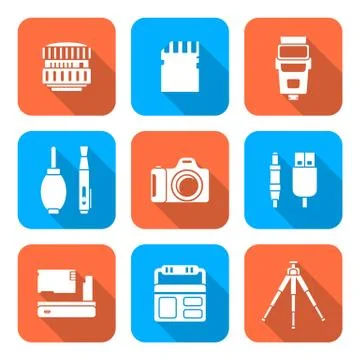 White color flat style square digital photography tools icons Stock Illustration