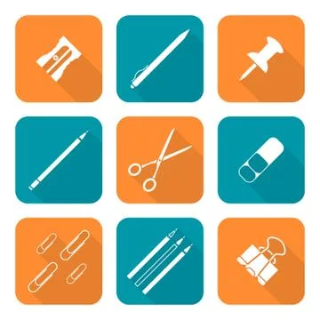 White color flat style various stationery icons set Stock Illustration