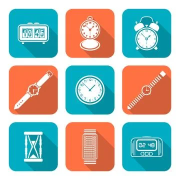 White color flat style various watches clocks icons set Stock Illustration