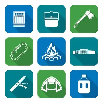 White color flat style various camping icons collection. Stock Illustration