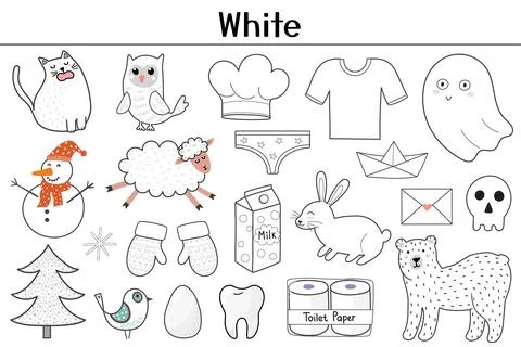 White color objects set. Learning colors for kids. Cute elements collection Stock Illustration