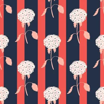 White colored decorative hydrangea flower silhouettes print. Pink and navy bl Illustrazione stock