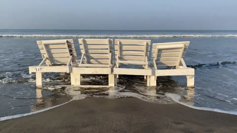 White Colored Sun Beds On The  Empty Beach Of GOA INDIA. Stock Footage 229854777