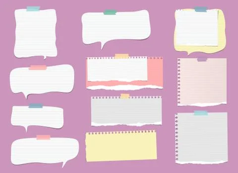White, colorful ripped lined note, notebook paper strips, speech bubble for text Stock Illustration