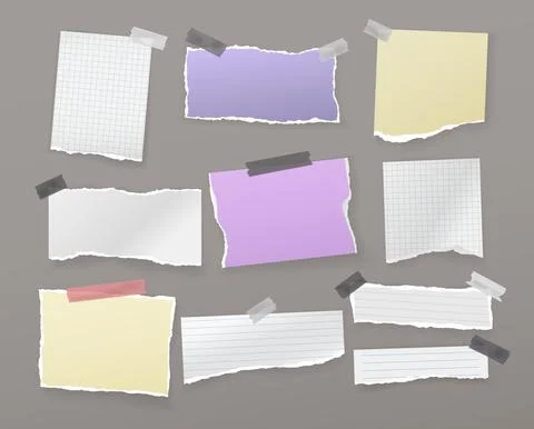 White, colorful torn note, notebook paper pieces are on dark grey background for Illustrazione stock