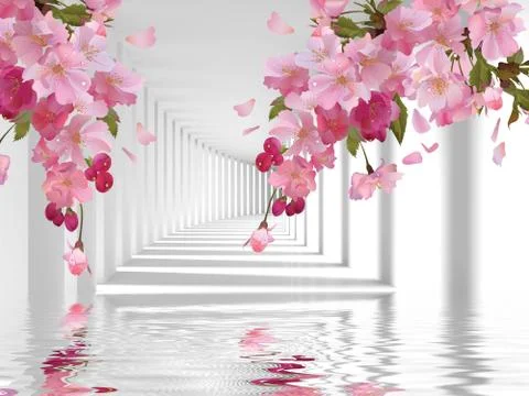 White columns, corridor, light and shade, pink fabulous flowers Illustrazione stock
