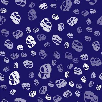 White Comedy and tragedy theatrical masks icon isolated seamless pattern on blue Stock Illustration