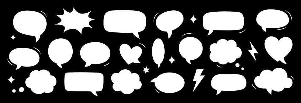 White comic speech bubbles on black background. Bold doodle talk balloons for Stock Illustration