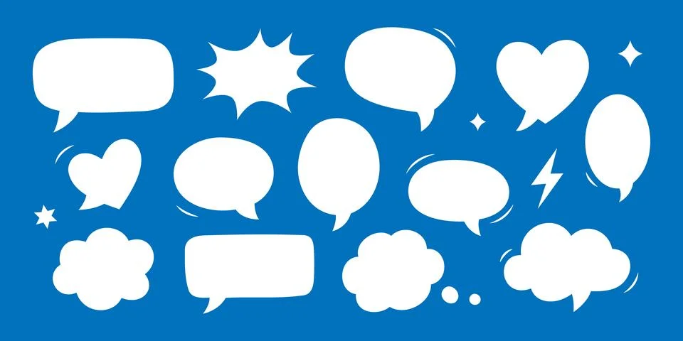 White comic speech bubbles with blue background. Cartoon doodle talk balloons 스톡 일러스트