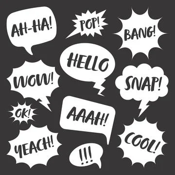White comic speech bubbles with handwritten text on dark background. Hand drawn 스톡 일러스트