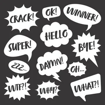 White comic speech bubbles with handwritten text on dark background. Hand drawn 스톡 일러스트