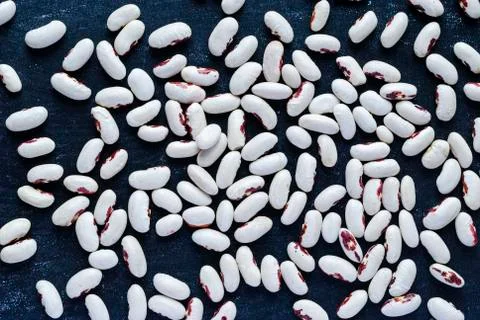 White common beans spread on dark background Stock Photos