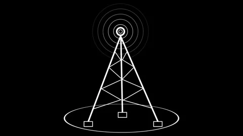 White communication tower icon with wireless signal waves graphic. Telecomm.. Stock Footage 337370982