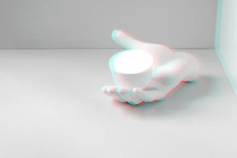 White composition with a jar of cream on the plaster hand in the corner. Conc Photos