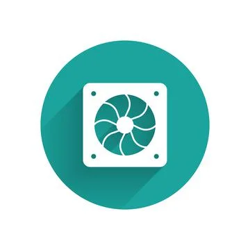 White Computer cooler icon isolated with long shadow background. PC hardware fan Stock Illustration