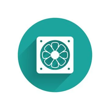 White Computer cooler icon isolated with long shadow background. PC hardware fan Illustrazione stock