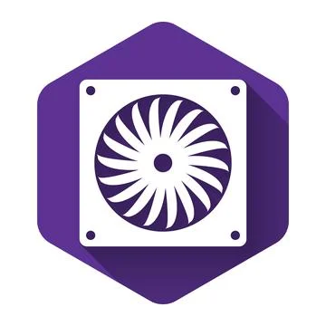 White Computer cooler icon isolated with long shadow. PC hardware fan. Purple Illustrazione stock