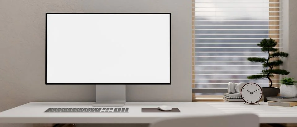 A white computer desk features a computer mockup in a minimal white room. 스톡 일러스트