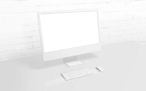 White computer display on work desk with brick wall in background. Isolated s Illustrazione stock