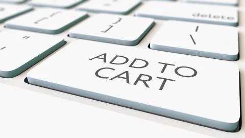 White computer keyboard and add to cart key, shallow focus. Conceptual 3D Ilustración de archivo