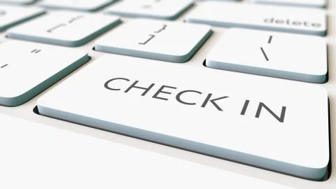 White computer keyboard and check in key, shallow focus. Conceptual 3D rendering Ilustración de archivo