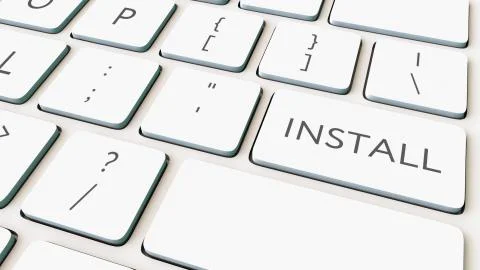 White computer keyboard and install key. Conceptual 3D rendering Stock Illustration