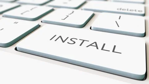 White computer keyboard and install key, shallow focus. Conceptual 3D rendering Stock Illustration