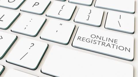 White computer keyboard and online registration key. Conceptual 3D rendering Illustrazione stock