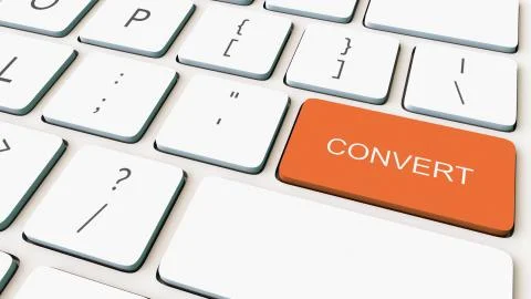 White computer keyboard and orange convert key. Conceptual 3D rendering Illustrazione stock