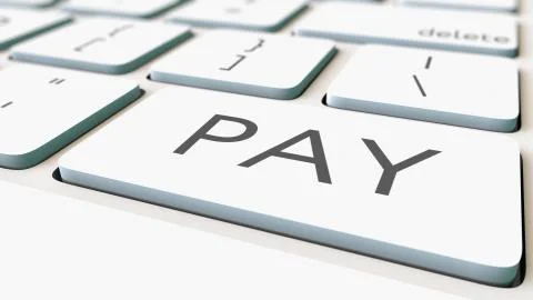 White computer keyboard and pay key, shallow focus. Conceptual 3D rendering Ilustración de archivo