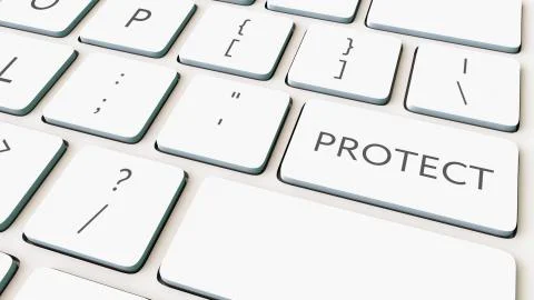 White computer keyboard and protect key. Conceptual 3D rendering Stock Illustration