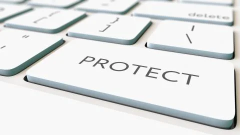 White computer keyboard and protect key, shallow focus. Conceptual 3D rendering Ilustración de archivo