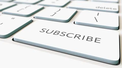 White computer keyboard and subscribe key, shallow focus. Conceptual 3D Ilustración de archivo