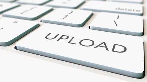 White computer keyboard and upload key, shallow focus. Conceptual 3D rendering Ilustración de archivo