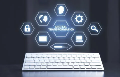 White computer keyboard on the desk. Digital Transformation 스톡 사진