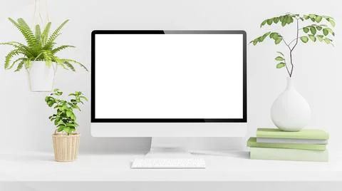 White computer on minimal desktop with plants mock up Stock Illustration