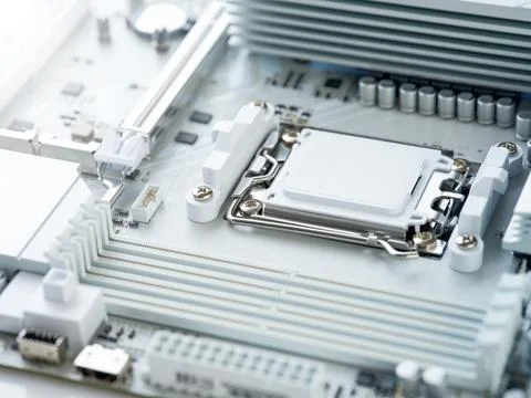 White computer motherboard without CPU cooler. Selective focus. Computer circ Foto stock