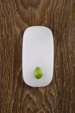 White computer mouse on a beautiful table. Leaf basil. Stock Photos