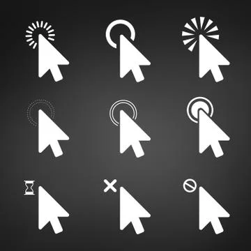 White Computer mouse click cursor arrow icons set. Vector illustration isolat Stock Illustration
