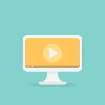 White computer with play button. Watch tutorials sign isolated on blue. Flat  Stock Illustration