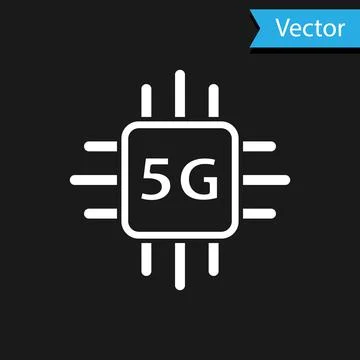 White Computer processor 5G with microcircuits CPU icon isolated on black Illustrazione stock