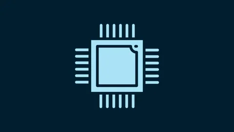 White Computer processor with microcircuits CPU icon isolated on blue background Stock Footage 230058972