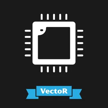 White Computer processor with microcircuits CPU icon isolated on black Stock Illustration