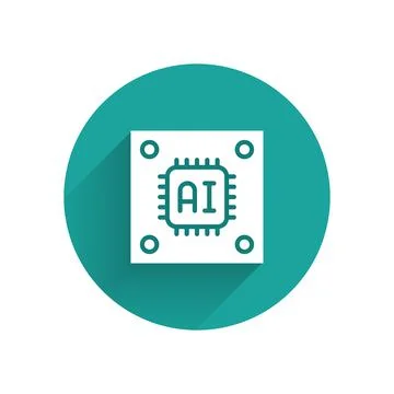 White Computer processor with microcircuits CPU icon isolated with long shadow Stock Illustration