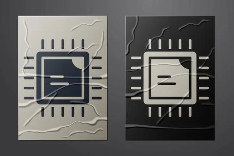 White Computer processor with microcircuits CPU icon isolated on crumpled paper Illustrazione stock